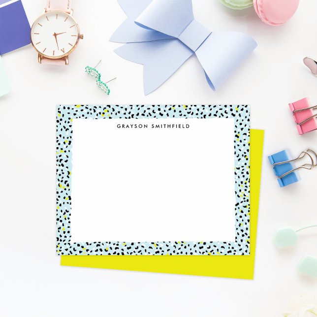 Citron Aqua Snow Leopard Print Personal Stationery Invitation (fun colorful ice blue and citron yellow leopard print border frame personal stationery note cards)