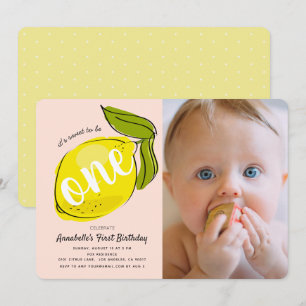Citron bébé rose Photo 1er anniversaire Invitation