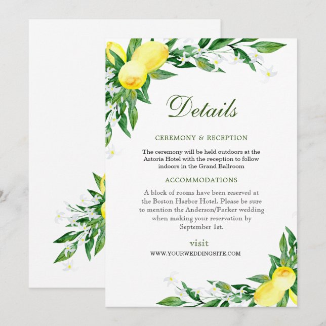 Citrons Mariage Réception Détails Carte de boîtier (Devant / Derrière)