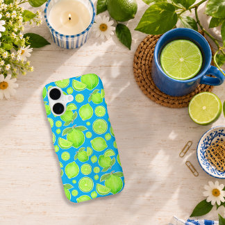 Citrons verts lumineux sur motif de citrus bleu
