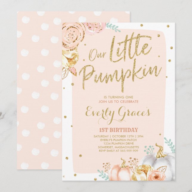 Citrouille 1er Anniversaire Invitation Blush Pink  (Devant / Derrière)