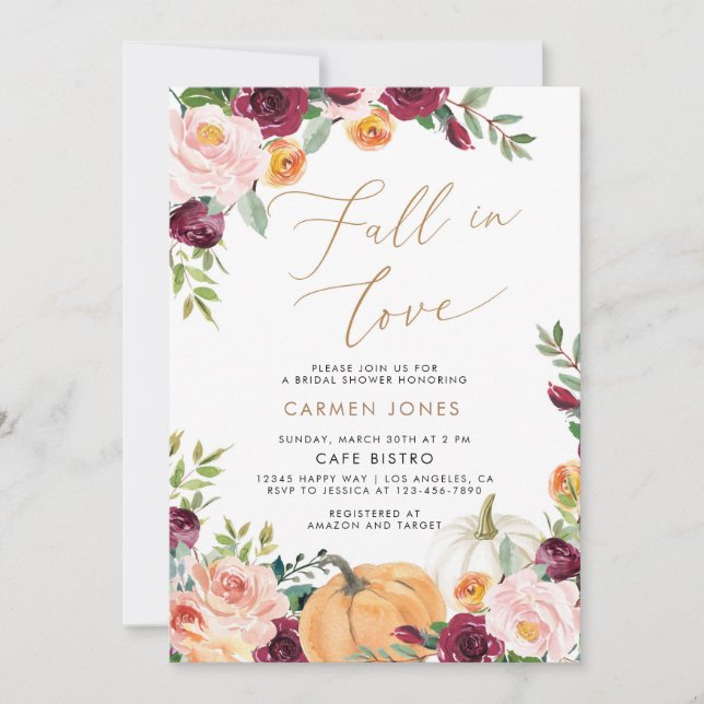Citrouille Automne Floral Bridal Douche Invitation (Devant)