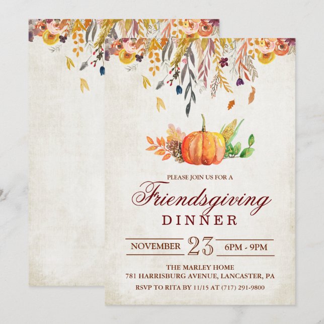 Citrouille Automne Friendsgiving Diner Invitation (Devant / Derrière)