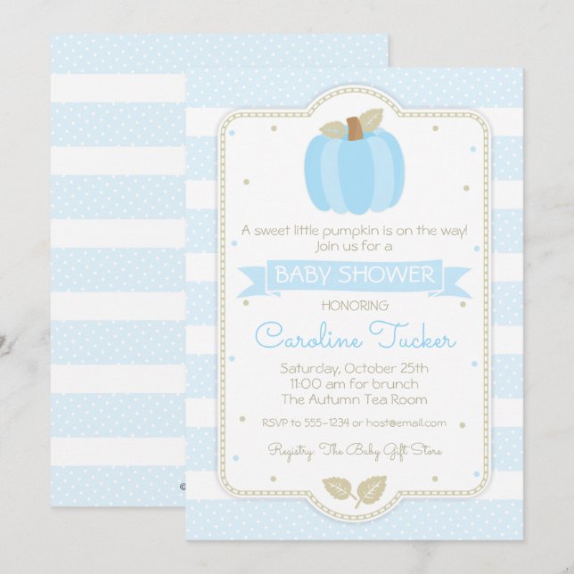Citrouille Baby Boy Shower Invitation - Blue Strip (Devant / Derrière)