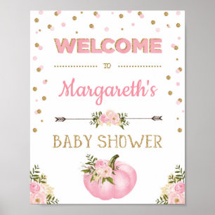 Citrouille Baby shower Affiche de bienvenue rose f