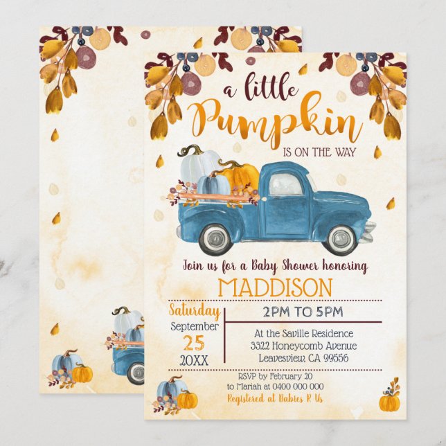 Citrouille Baby shower Invitation Camion Citrouill (Devant / Derrière)