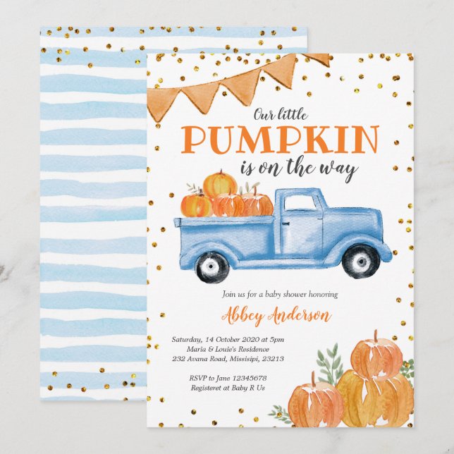 Citrouille bleu Baby shower de camion Invitation (Devant / Derrière)