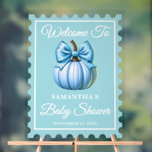 Citrouille Bleu Bow Postage Baby shower Bienvenue