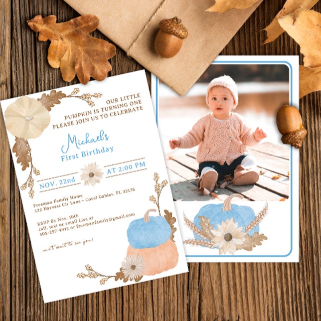 Citrouille bleu Premier anniversaire Invitation ph (Blue Pumpkin - Our Little Pumpkin Birthday Party Invitation)