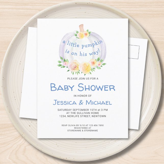 Citrouille Couples Baby shower bleu Carte postale  (Créateur téléchargé)