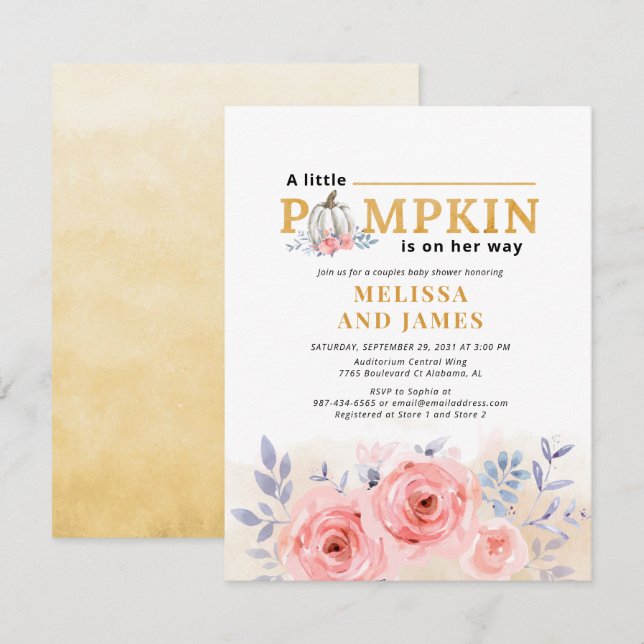 Citrouille Couples Baby shower Floral Invitation (Devant / Derrière)