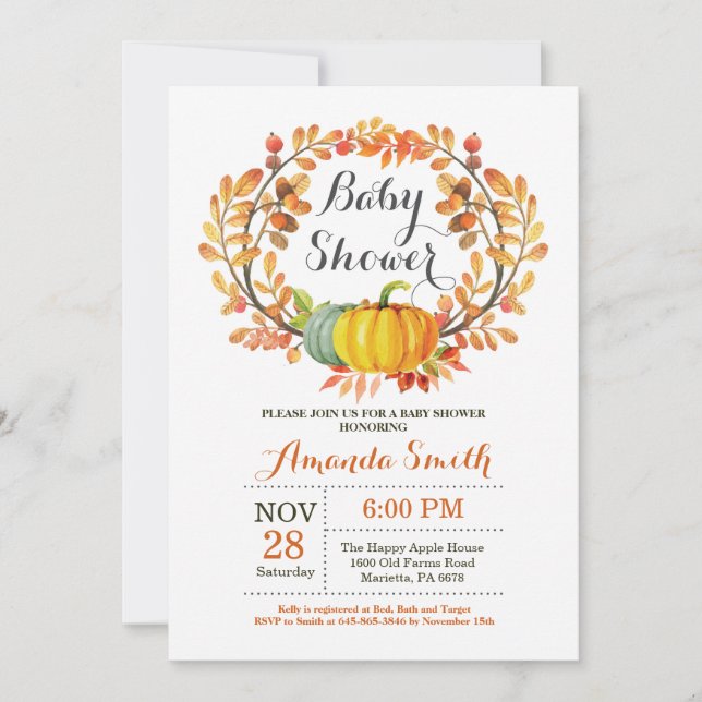 Citrouille d'automne Baby shower Invitation carte (Devant)