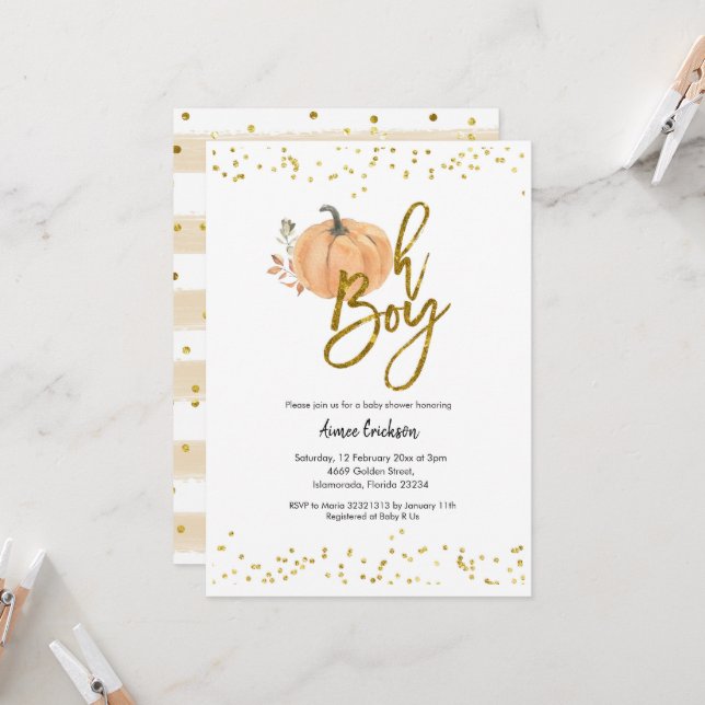 Citrouille d'automne Oh Boy Baby shower Invitation (Devant/Arrière en situation)