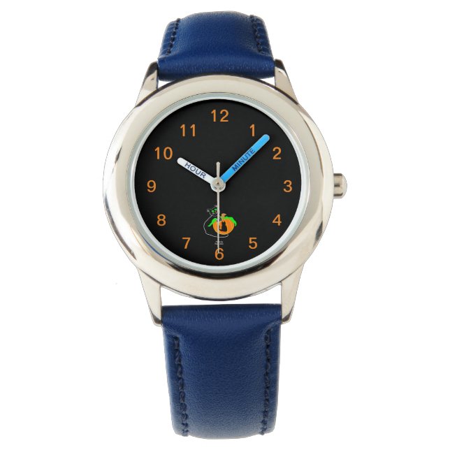 Citrouille de chat noir Montre en cuir bleu pour e (devant)