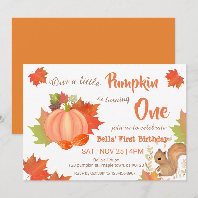 Citrouille d'écureuil d'automne Invitations d'anni (Devant / Derrière)