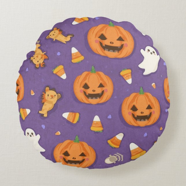 Citrouille d'Halloween et Coussin rond fantôme (Devant)