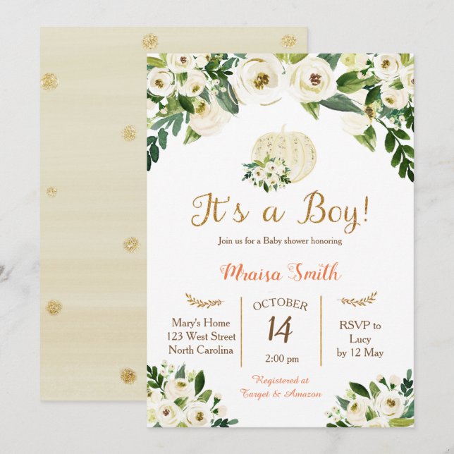 Citrouille d'or blanc Invitation de Baby shower (Devant / Derrière)