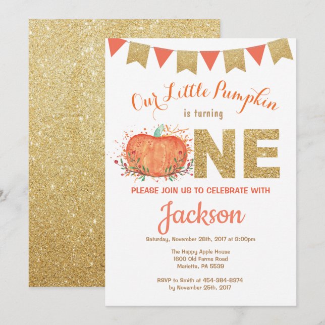 Citrouille Fall Birthday Invitation Gold Parties s (Devant / Derrière)