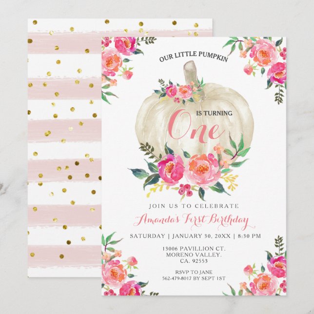 Citrouille floral 1er anniversaire Invitation (Devant / Derrière)