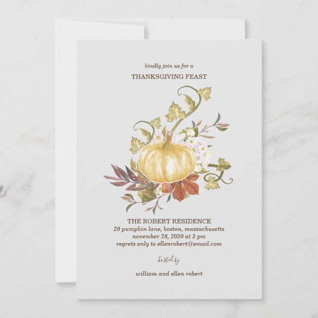 Citrouille Floral Thanksgiving Dîner Invitation (Devant)