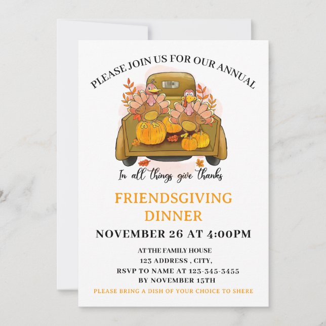Citrouille Friendsgiving Diner party Invitation (Devant)
