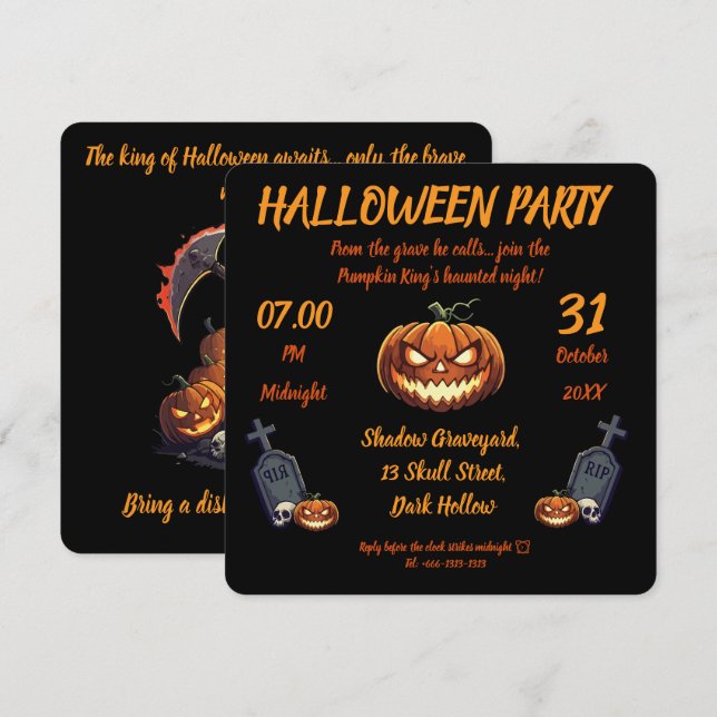 🖤 Citrouille noir roi Halloween Invitation 🎃 (Devant / Derrière)