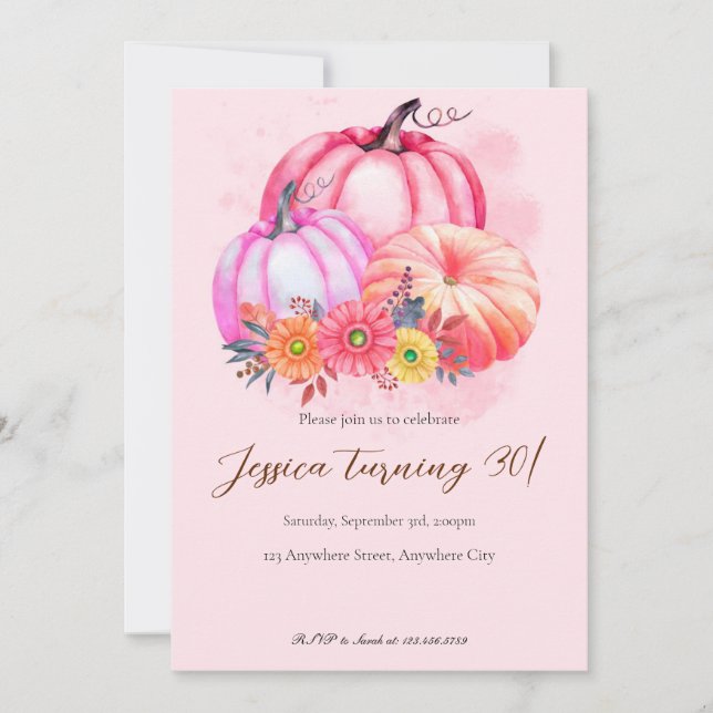 Citrouille rose automne Invitation d'anniversaire (Devant)