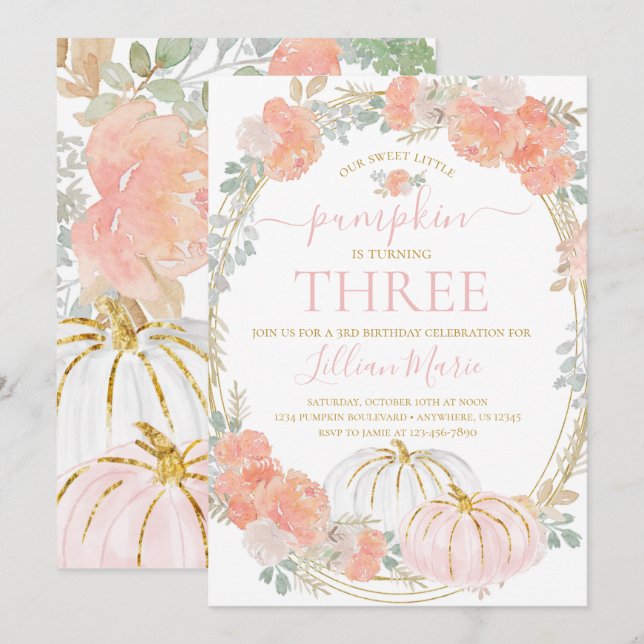 Citrouille rose automne Invitation d'anniversaire (Devant / Derrière)