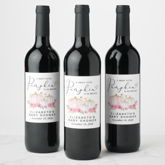 Citrouille Rose Floral Baby Girl Douche Étiquette  (Bouteilles)