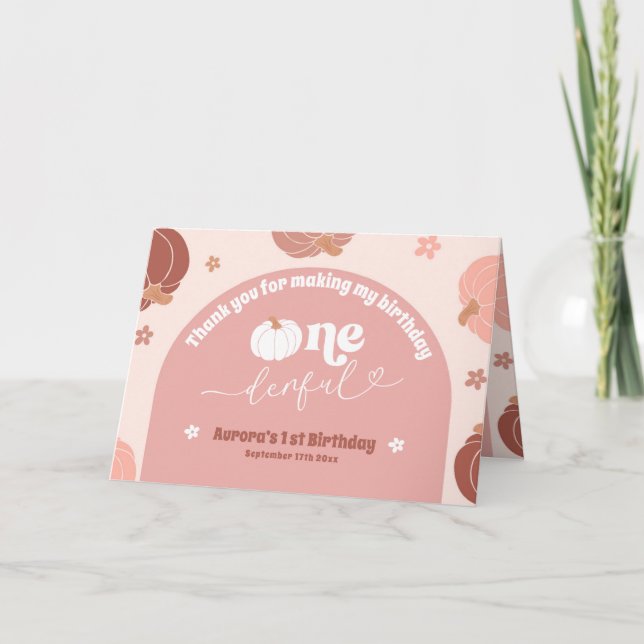 Citrouille rose rétro 1er anniversaire Merci plié (Devant)