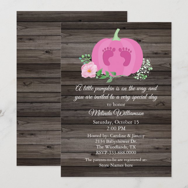 Citrouille rose Rustic Baby shower Invitation (Devant / Derrière)