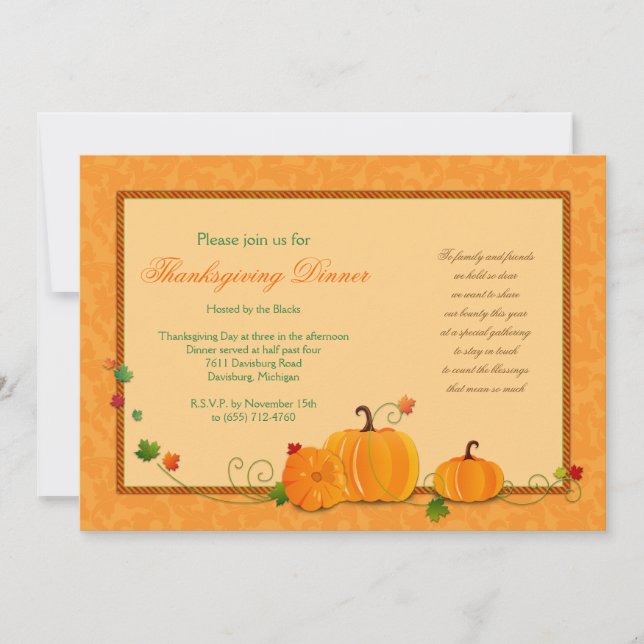 Citrouille Thanksgiving Diner fête Invitation (Devant)