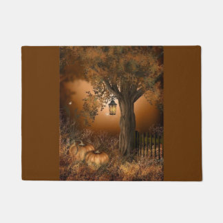 citrouilles d'automne et tapis de porte à lanterne