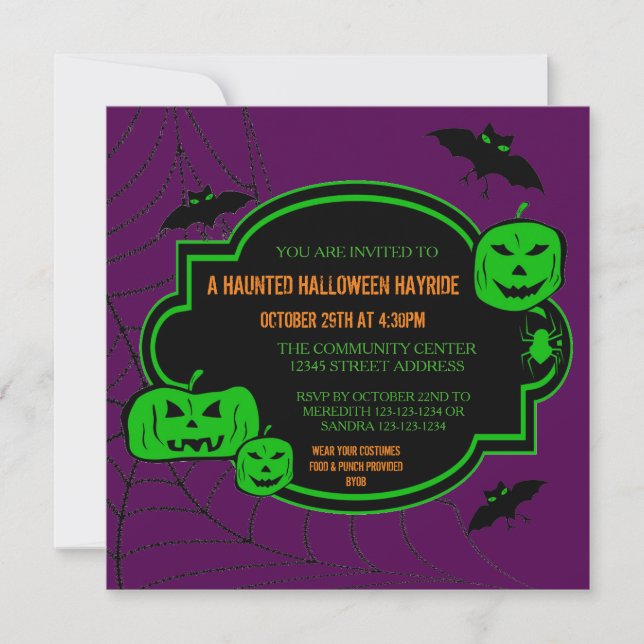 Citrouilles verts/violets encadrés - Invitation Ha (Devant)