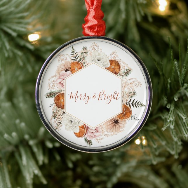 Citrus And Floral Merry And Bright  Metal Ornament (Tree)