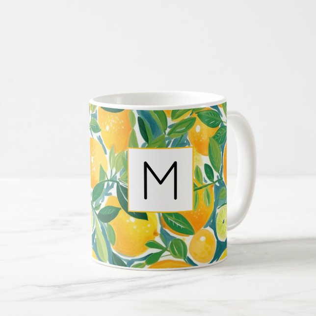 Citrus Art Lemons Oranges Limes Tree INITIAL Fresh Coffee Mug (Front Right)