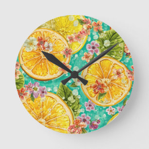 Citrus Bloom Lemon & Wildflowers Watercolor Round Clock