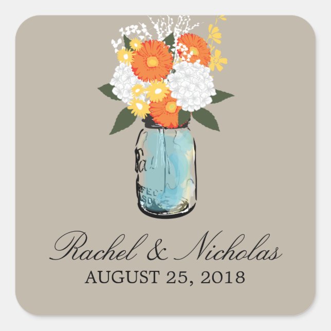 Citrus Bloom Mason Jar | Wedding Square Sticker (Front)