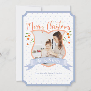 Citrus Blue Chinoiserie Crest One Photo Christmas Holiday Card