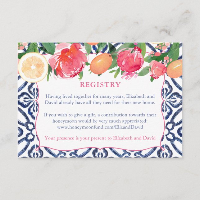 Citrus Bold Floral Dark Blue Tile Registry Details Enclosure Card (Front)