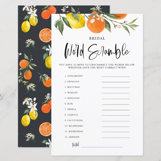 Citrus Botanical Bridal Shower Word Scramble Game (Front/Back)