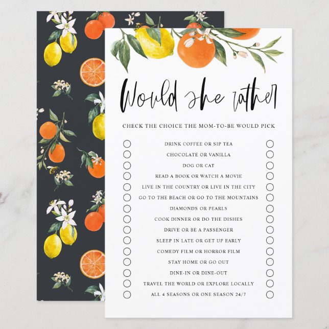 Citrus Botanical Would She Rather Baby Shower Game (Front/Back)