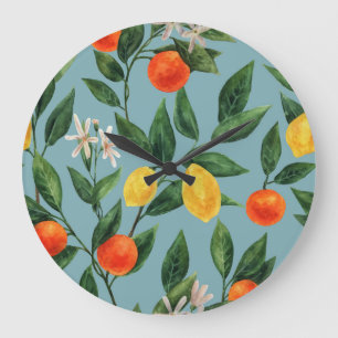 Citrus Branches: Watercolor Ornamental Pattern Large Clock