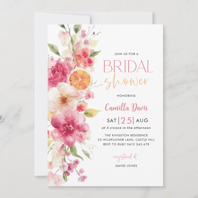 Citrus Bridal Shower, Lemon Bright Floral Invitation (Front)