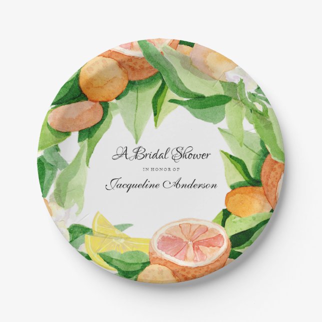 Citrus Bridal Shower Tea Party Orange Lemon Leaf Paper Plate (Front)