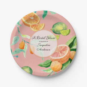 Citrus Bridal Shower Tea Party Orange Pink Leaf Paper Plate