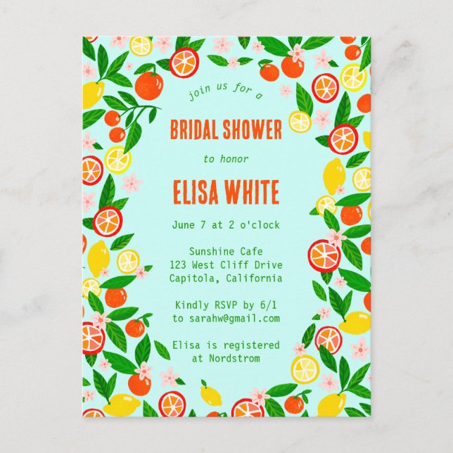 Citrus Celebration CUSTOM Summer BRIDAL SHOWER Invitation Postcard (Front)