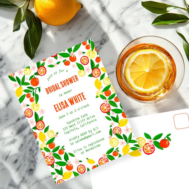 Citrus Celebration CUSTOM Summer BRIDAL SHOWER Invitation Postcard (Citrus Celebration CUSTOM Summer Hand-drawn BRIDAL SHOWER Party Invitation Postcard
)