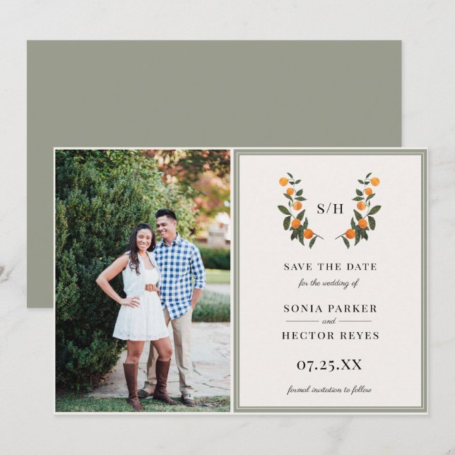 Citrus Crest Monogram Photo Save The Date (Front/Back)