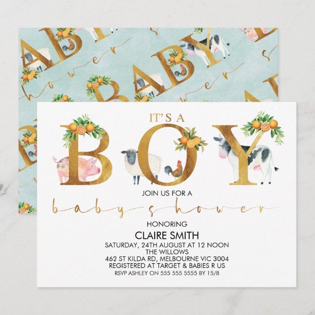 Citrus Farm Animals Word Baby Shower Invitation (Front/Back)